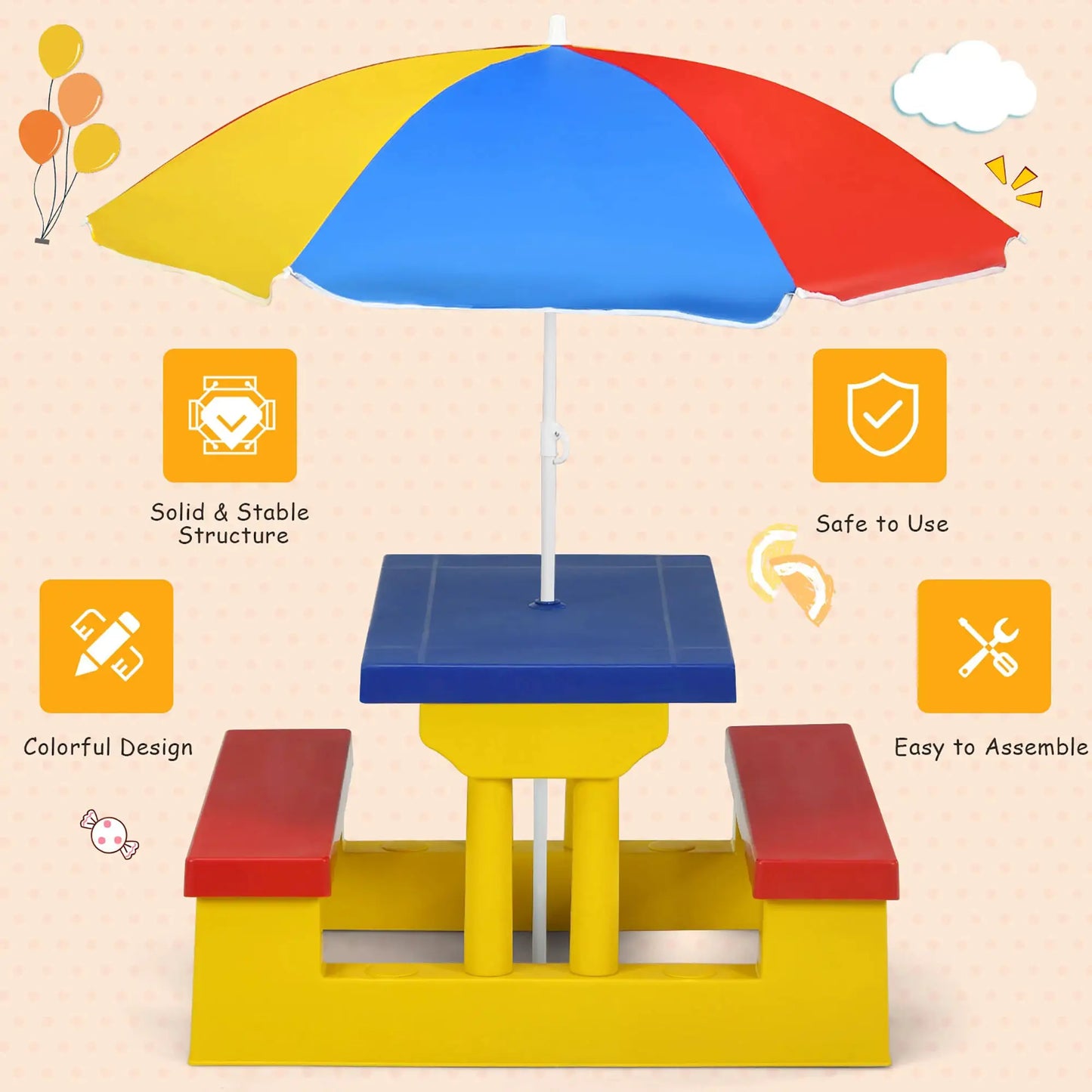 Kids Picnic Table Set W/Removable Umbrella Indoor Outdoor Garden Patio from PriceLows™