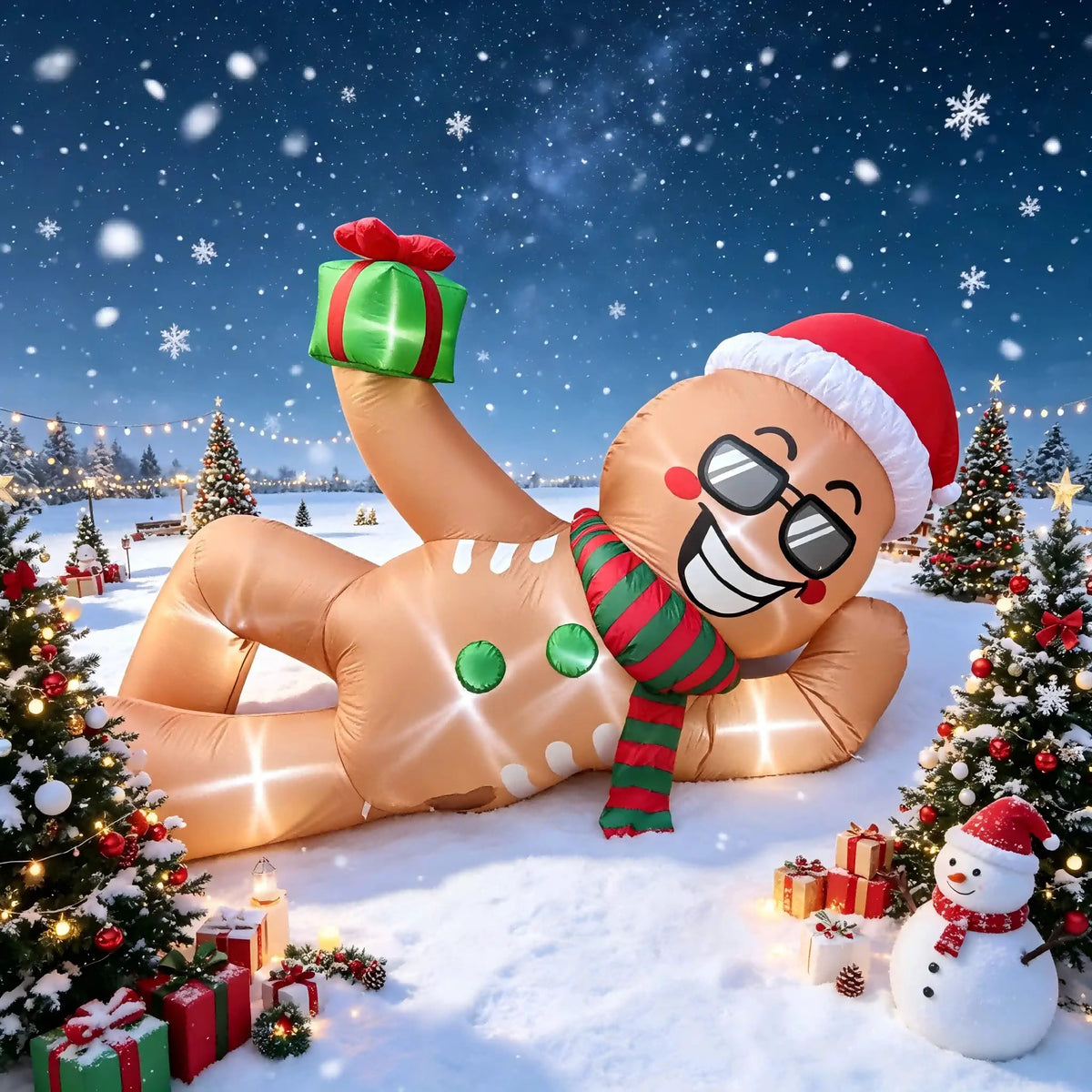 Christmas Inflatable Lying Gingerbread Man | Sunglasses | 9.5 FT LED Lights