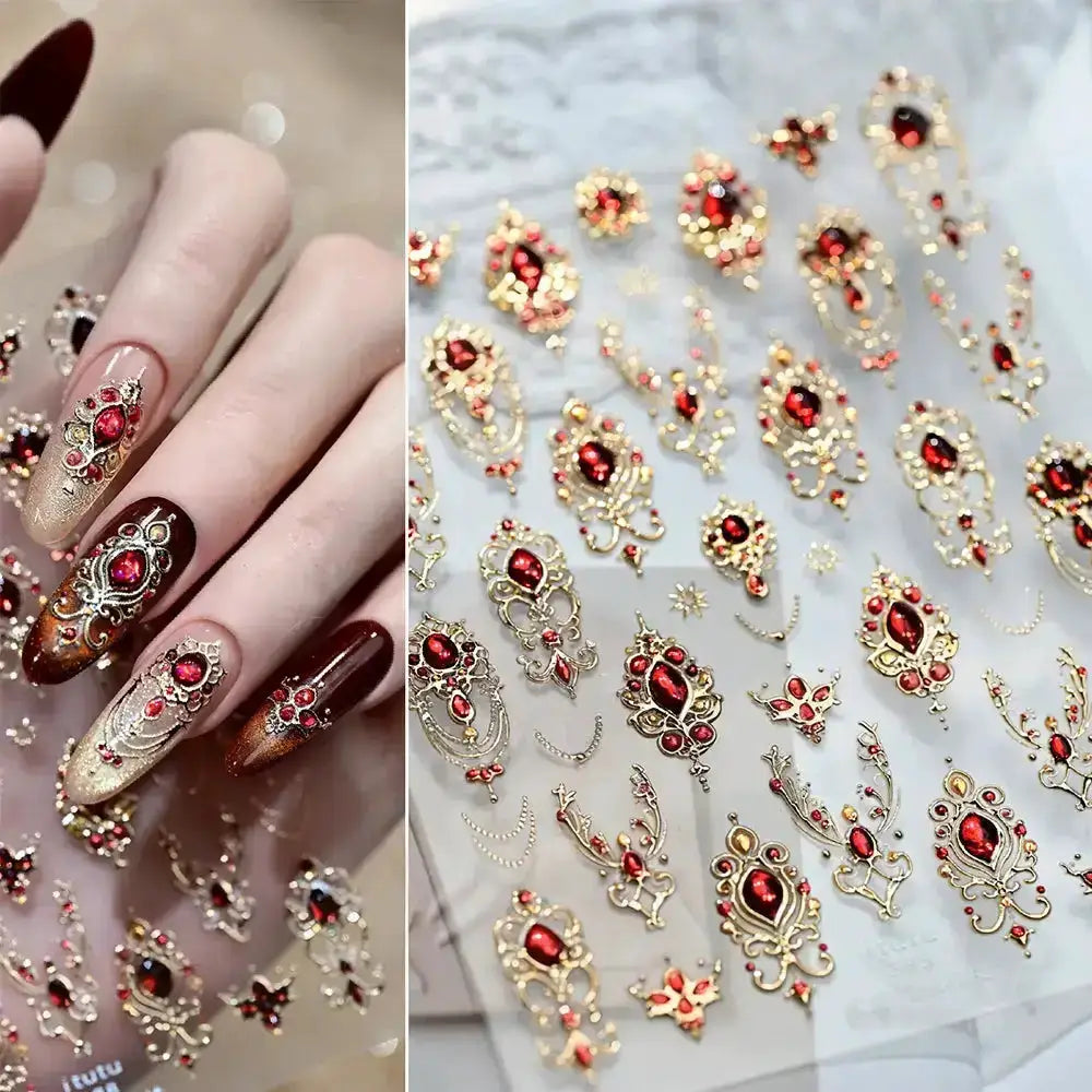 5D Embossed Emerald Gemstones Nail Art Stickers Luxury Golden Frame Baroque Flower Nail Decals Green Rhinestones Nail Supplies from PriceLows™