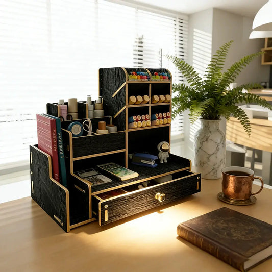 Desk Organizer | Wood Grain Finish | With Drawer | Multi Grid Caddy
