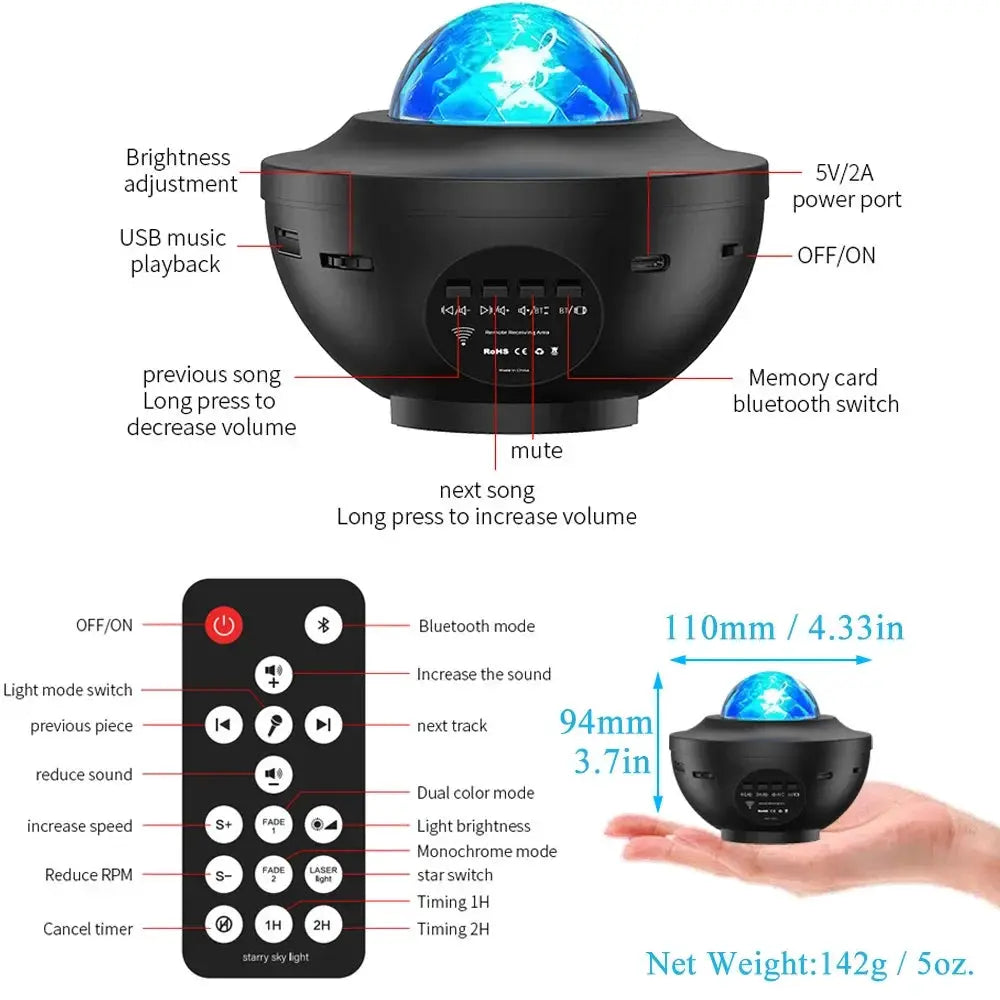 Starry Galaxy Projector Night Light | Bluetooth Music | USB Powered | One Size
