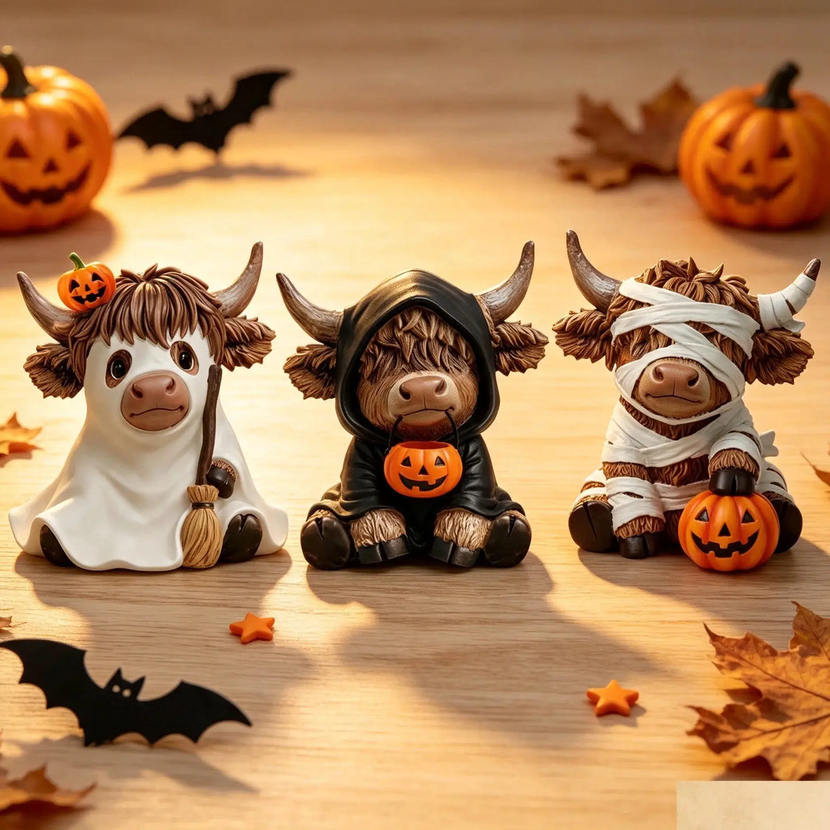 Halloween Wood Cow Statues | 3 Piece Set | Shelf Decor