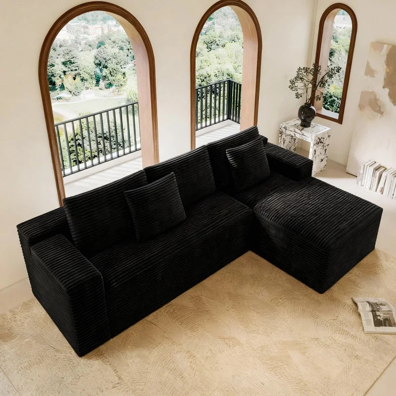 Modular Sectional Sofa | Plush Corduroy Fabric | Black | 2-Piece Configuration