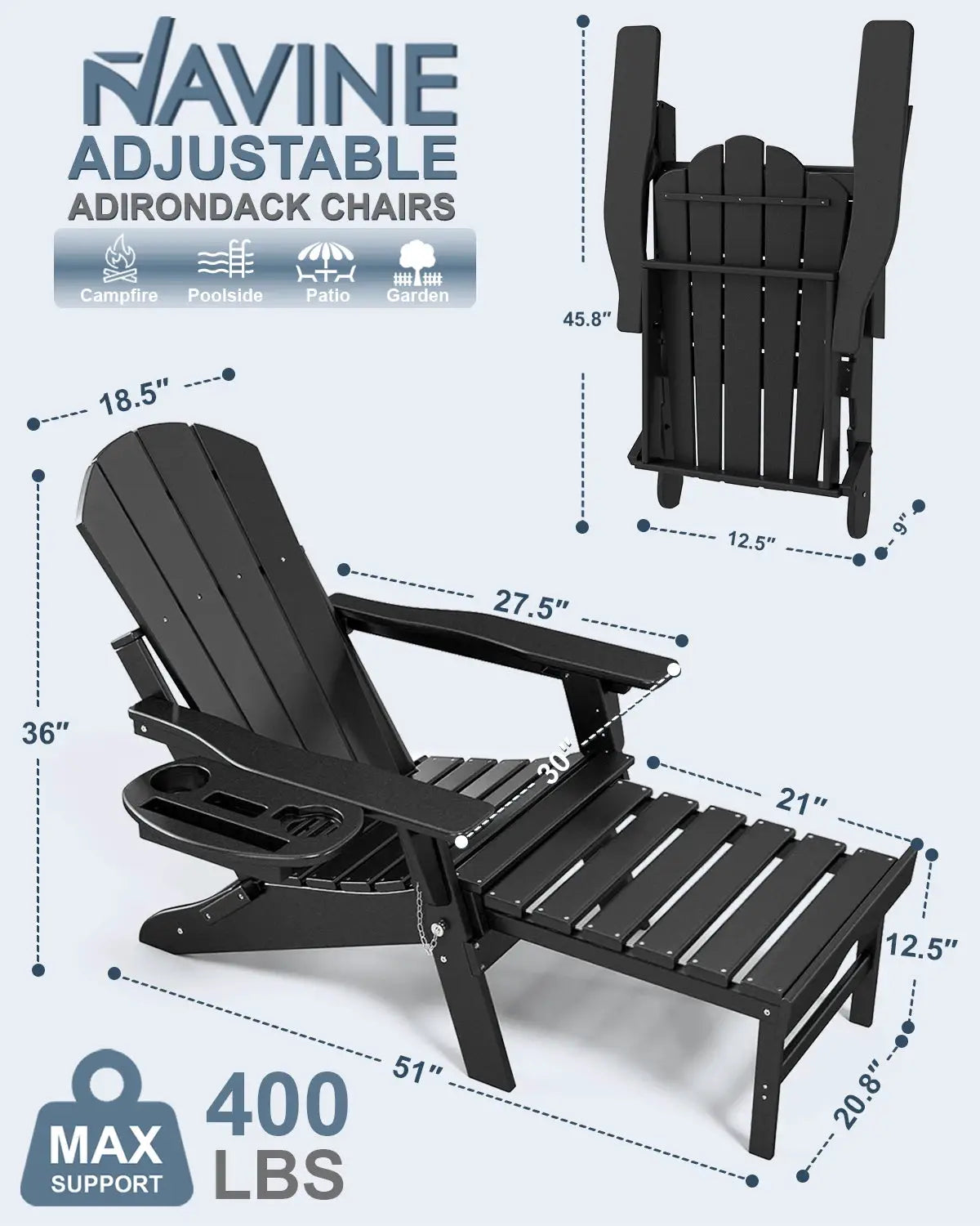 NAVINE 2pcs Adjustable Adirondack Chair Retractable Ottoman Footrest HDPE Folding Cup Holder All Weather Outdoor Patio Fire Pit from PriceLows™