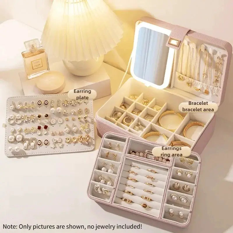 Jewelry Box, Ring, Earrings, Necklace, Anti Oxidation Storage Box, Jewelry Display Accessories - Makeup Mirror with LED Light from PriceLows™