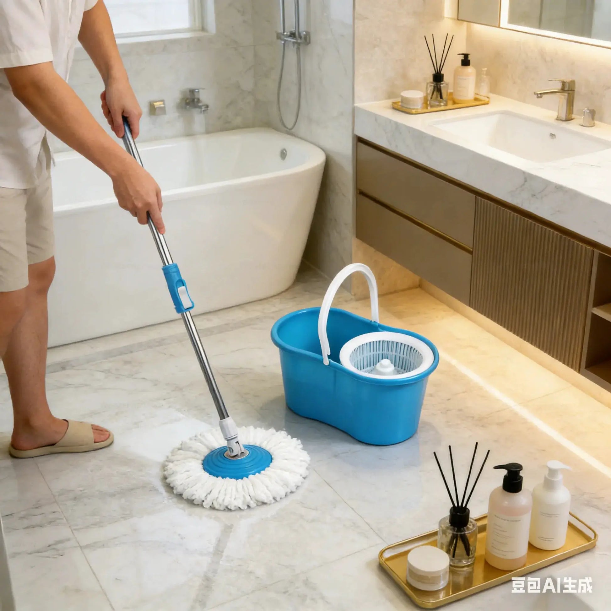 360° Rotating Head Easy Spin Dry Floor Mop Bucket + 2x Head Microfiber Spinning from PriceLows™