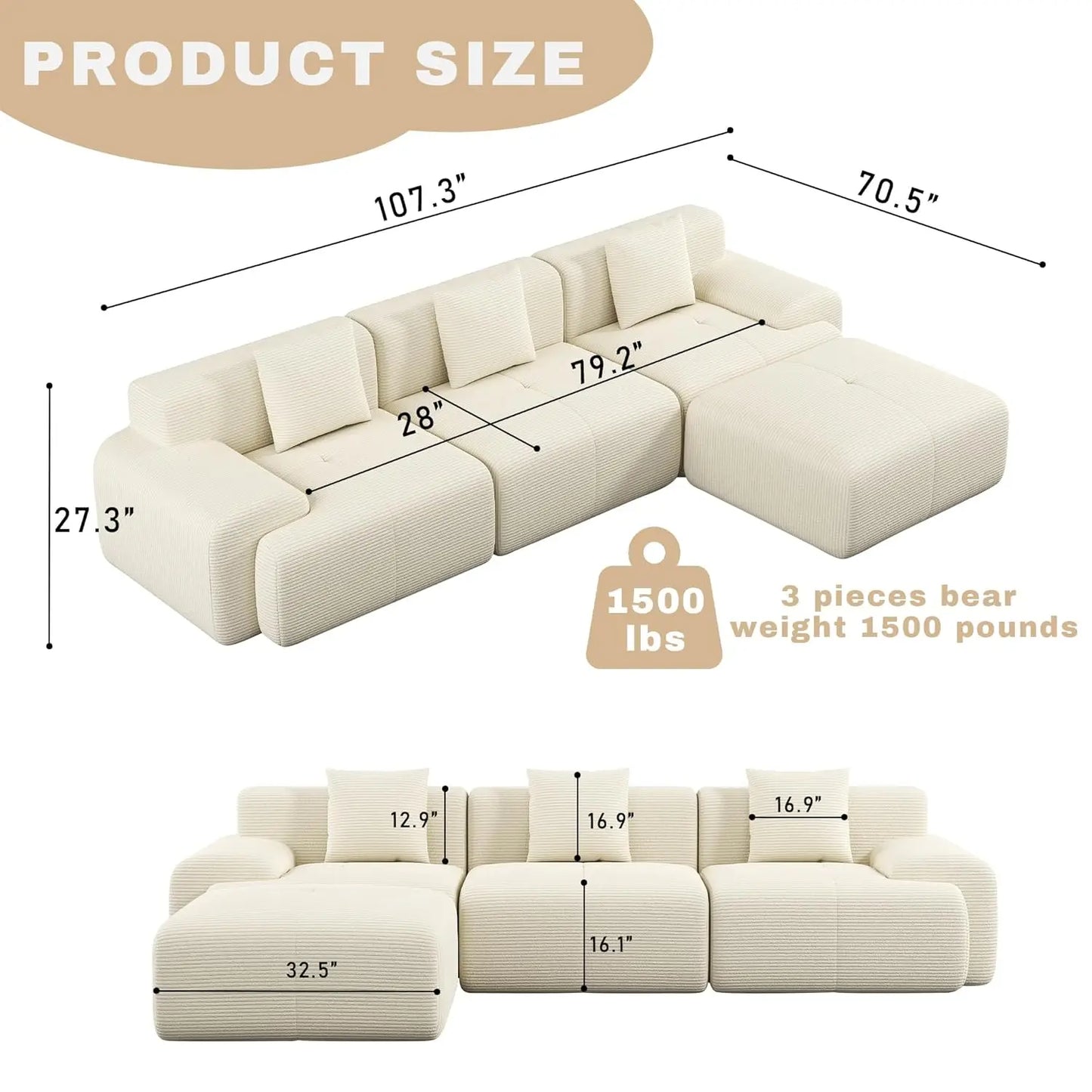 Modular Sectional Sofa | 107in Length | Corduroy Upholstery | With Ottoman