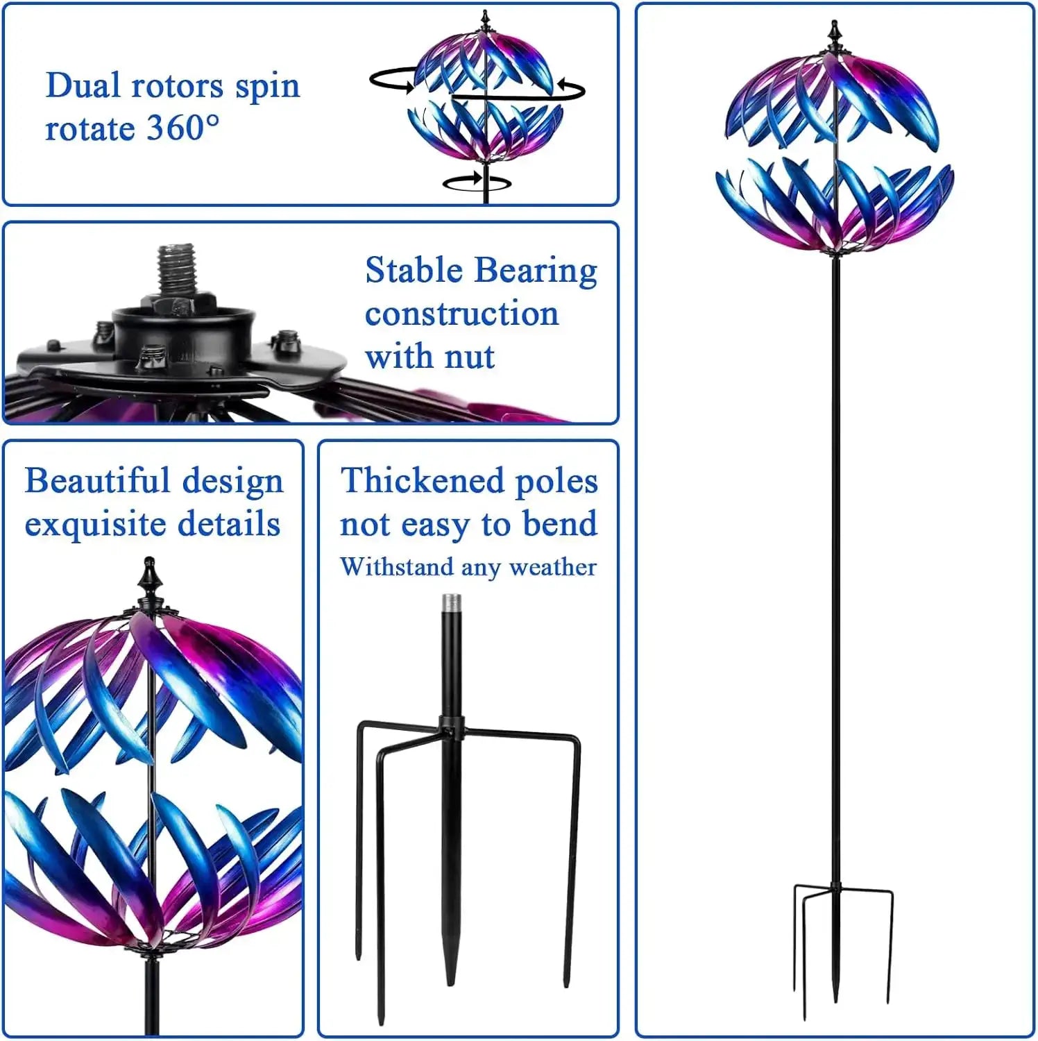 Kinetic Garden Wind Spinner, Double-Layer Metal Art, Blue and Purple Gradient, Outdoor Yard Decoration from PriceLows™
