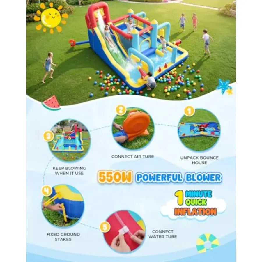16-in-1 Water Slide Bounce House for Backyard, 13x11x7.4FT Large Inflatable Obstacle Course Water Park w/Water Bucket/Water Gun from PriceLows™