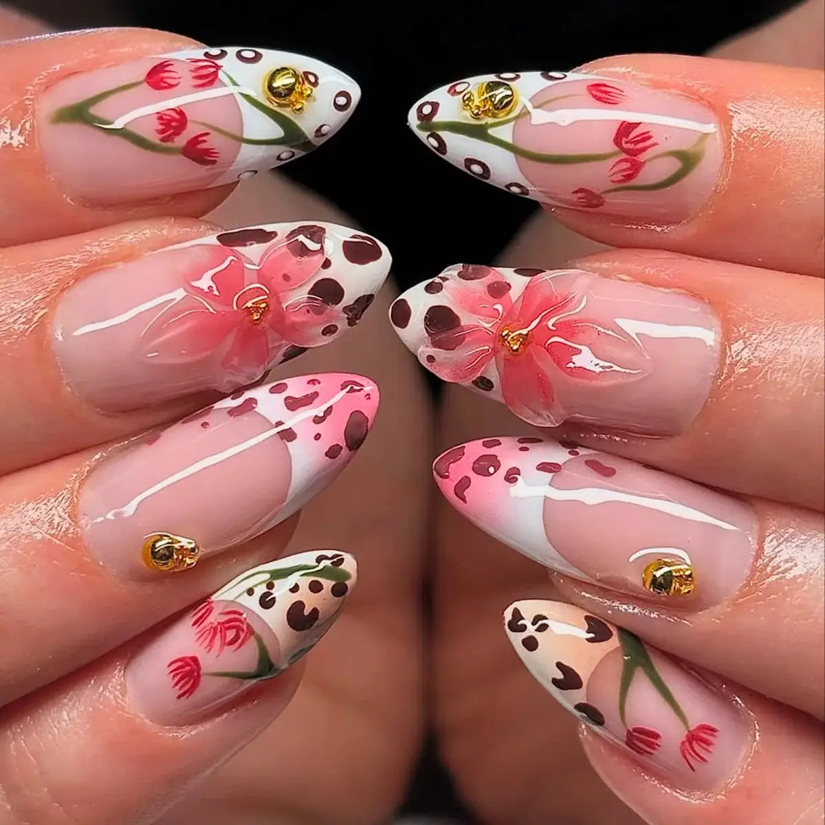 Almond Press On Nails | Acrylic Finish | Pearl Flower Design | 24 Piece Set