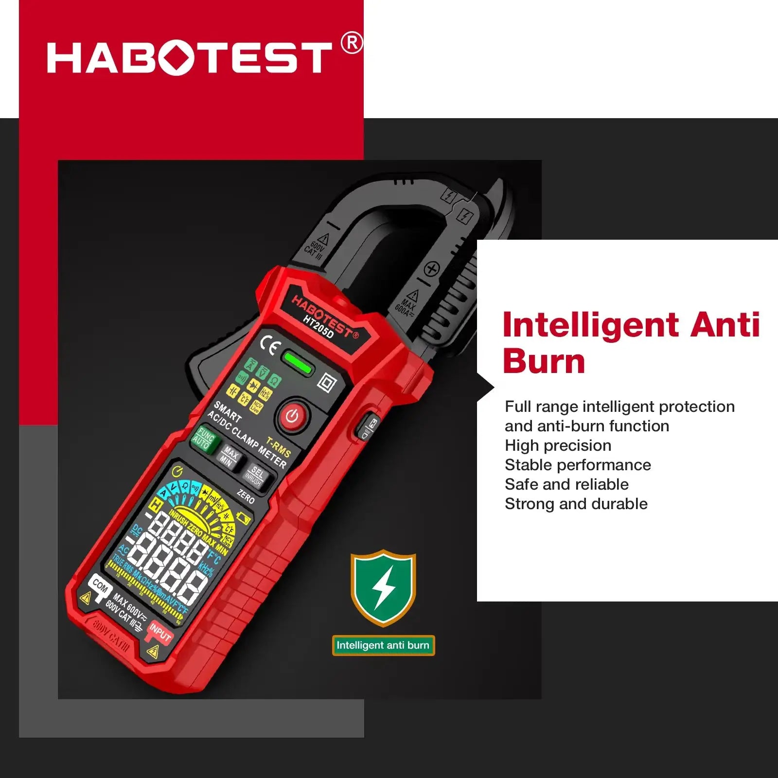 HABOTEST HT205 Clamp Meter 600A True RMS AC/DC Current Amp Meter Measures Current Voltage Temperature Capacitance Ohm Tester from PriceLows™