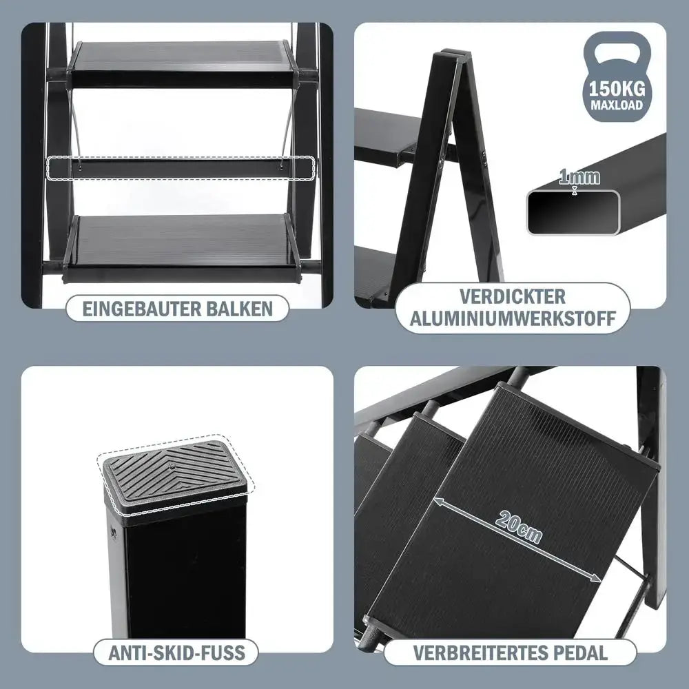 Lightweight 2-Step Folding Ladder with Non-Slip and Load-Bearing Capacity up to 150 kg, Black for Kitchen and Household Use from PriceLows™