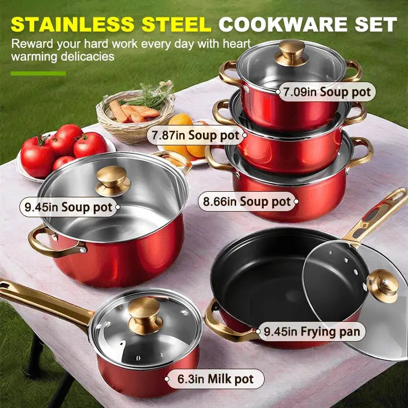 us12pcs Red Pot Set, Stainless Steel, Non-Stick Pan, Kitchen Cookware Set, Non-Stick Cooking Set, A Variety of Pots to Meet All Kitchen Needs, The Most Beautiful And Practical Gift for Mothersd from PriceLows™