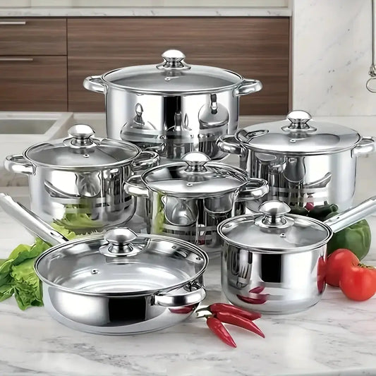 12pcs Stainless Steel Kitchen Cookware Set, (6Pots+6Lids) Cookware Set with Handles And Lids, Includes Different Sizes of Stockpots with Frying Pans, Dishwasher Safe, Easy to Clean, Durable And Heat Resistant, Silver Handle from PriceLows™