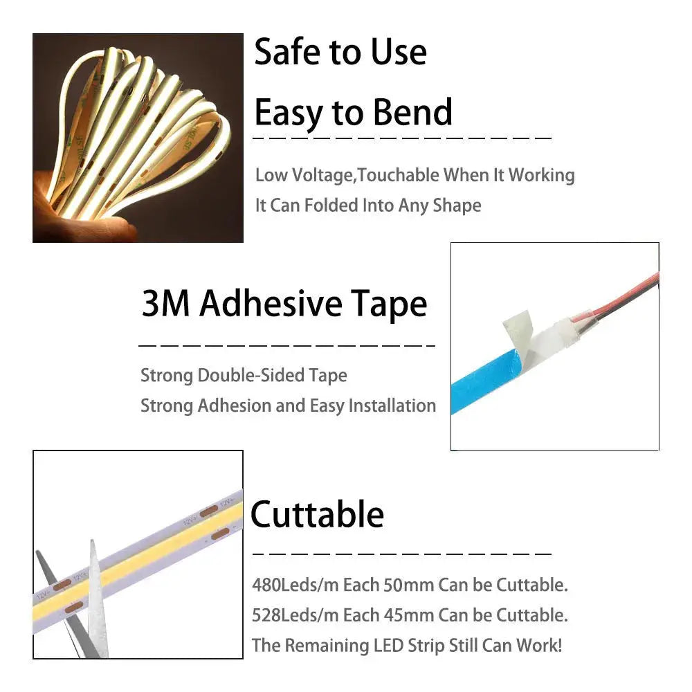 COB LED Strip Light High Density Linear Lighting 480/528Leds/m Flexible Tape Warm Natural White Red Blue Green Decor DC12/24V from PriceLows™