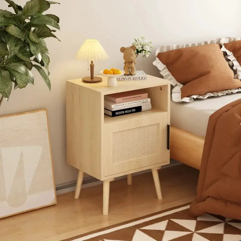 22.83'' Oak Wood Nightstand with Door and Open Shelf, Solid Wood Legs, Compact Bedroom Side Table for Dorm and Small Spaces from PriceLows™