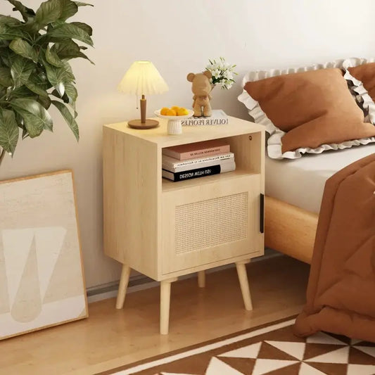 22.83'' Oak Wood Nightstand with Door and Open Shelf, Solid Wood Legs, Compact Bedroom Side Table for Dorm and Small Spaces from PriceLows™