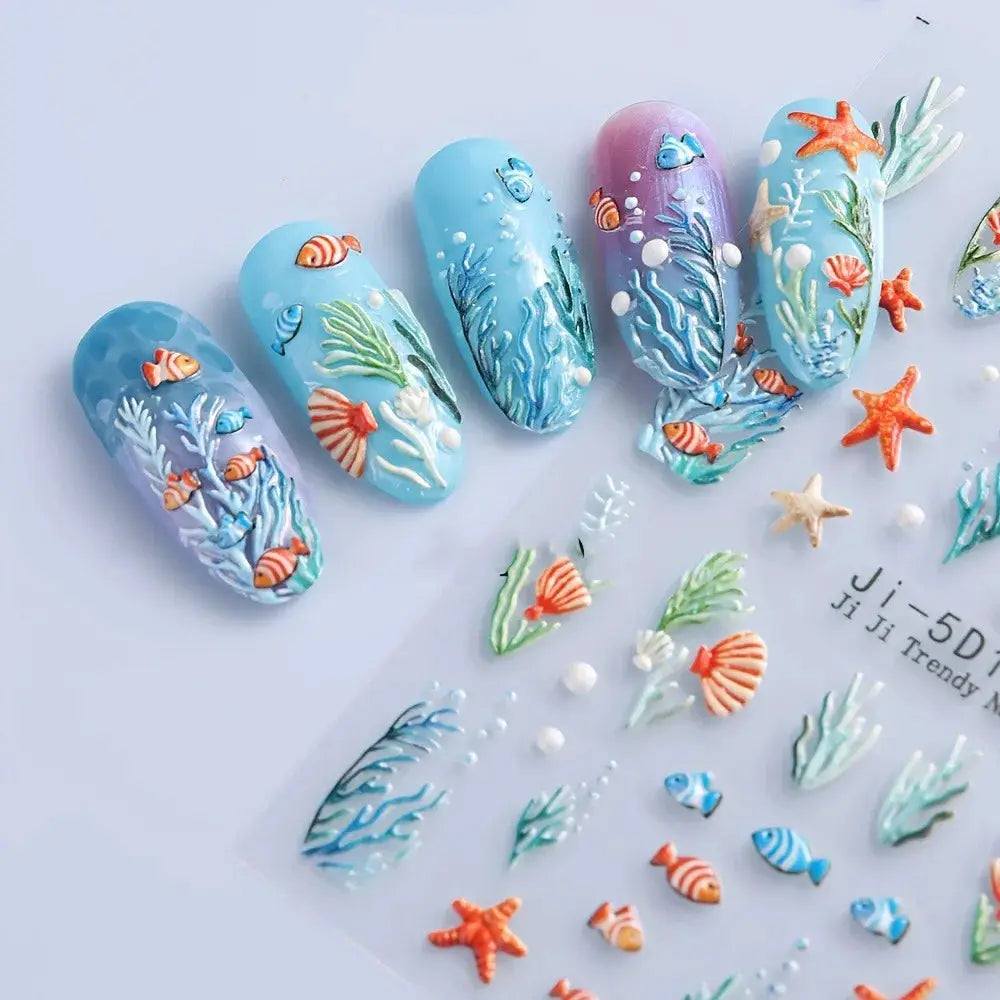 5D Embossed Ocean Nail Stickers Blue Orange Starfish Shell Coral Decals for Summer Beach Vacation Party Music Festival DIY Art from PriceLows™