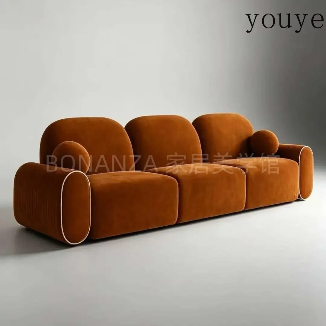 Sofa | Red Velvet | Pleated Armrests Piping | Three-Seater