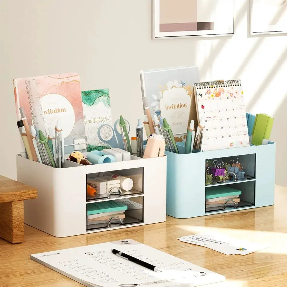Pen Organizer Desk | 2 Drawer | 5 Compartments | White