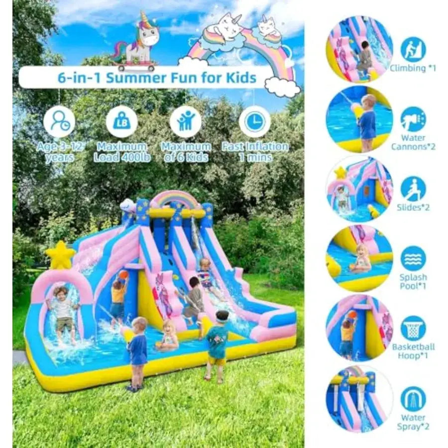 Inflatable Water Slide: 6-in-1 Bounce House Water Park for Outdoor Backyard Birthday Party PVC, Blue/Red, Heavy-Duty Vinyl with from PriceLows™