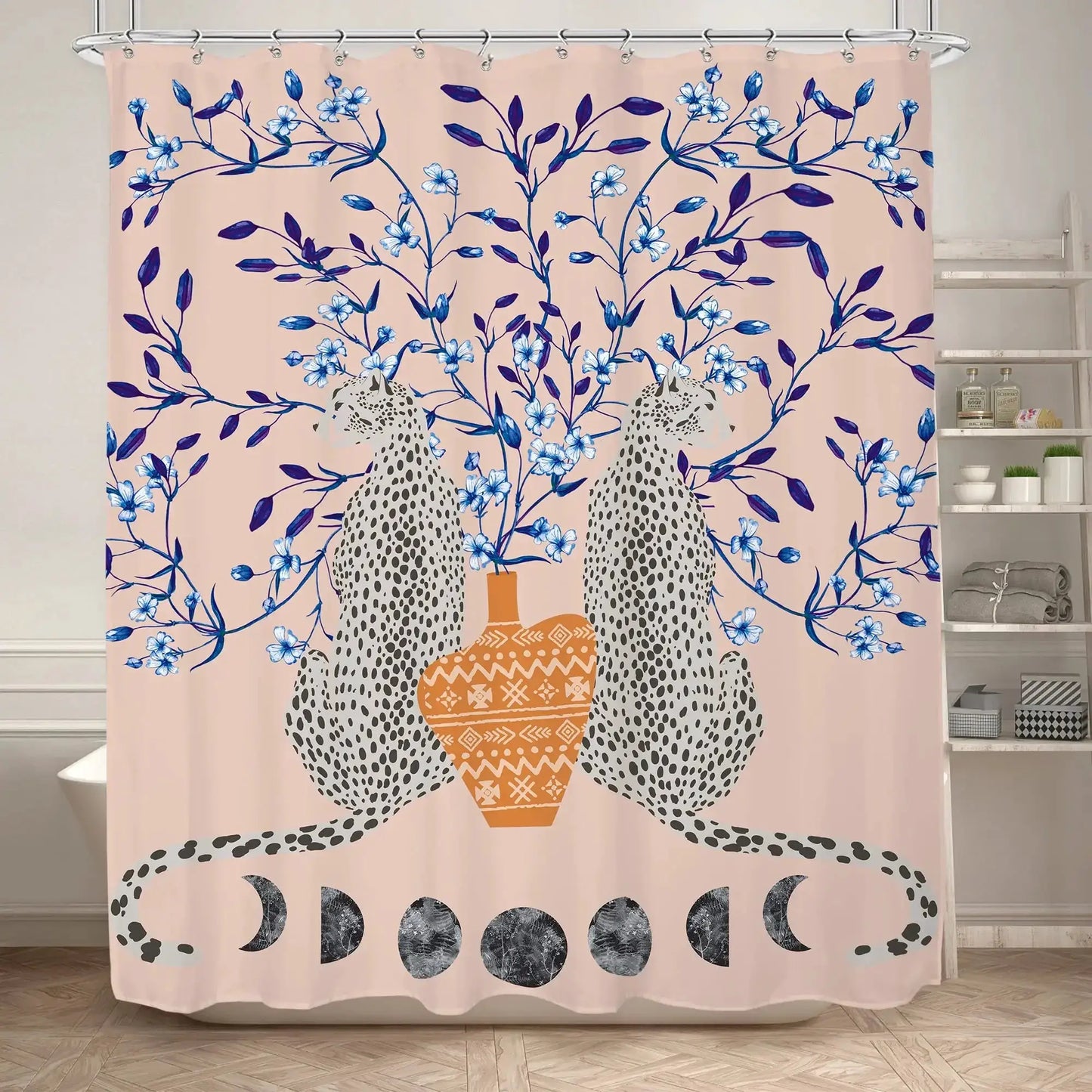 Boho Cheetah Shower Curtain,Tropical Leopard Wildlife Bath Curtain,Modern Pink Aesthetic Moon Phase Blue Floral Bathroom Curtain from PriceLows™