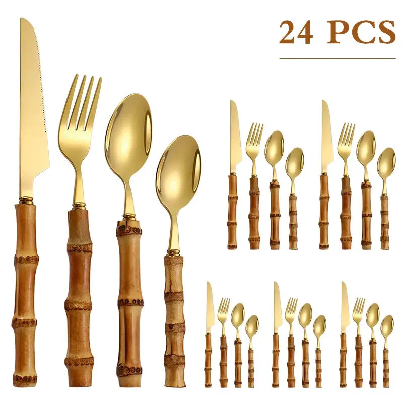 24Pcs Dinnerware Sets Original Nature Bamboo Handle Cutlery Stainless Steel Knife Fork Spoon Purely Natural Bamboo Tableware Set from PriceLows™