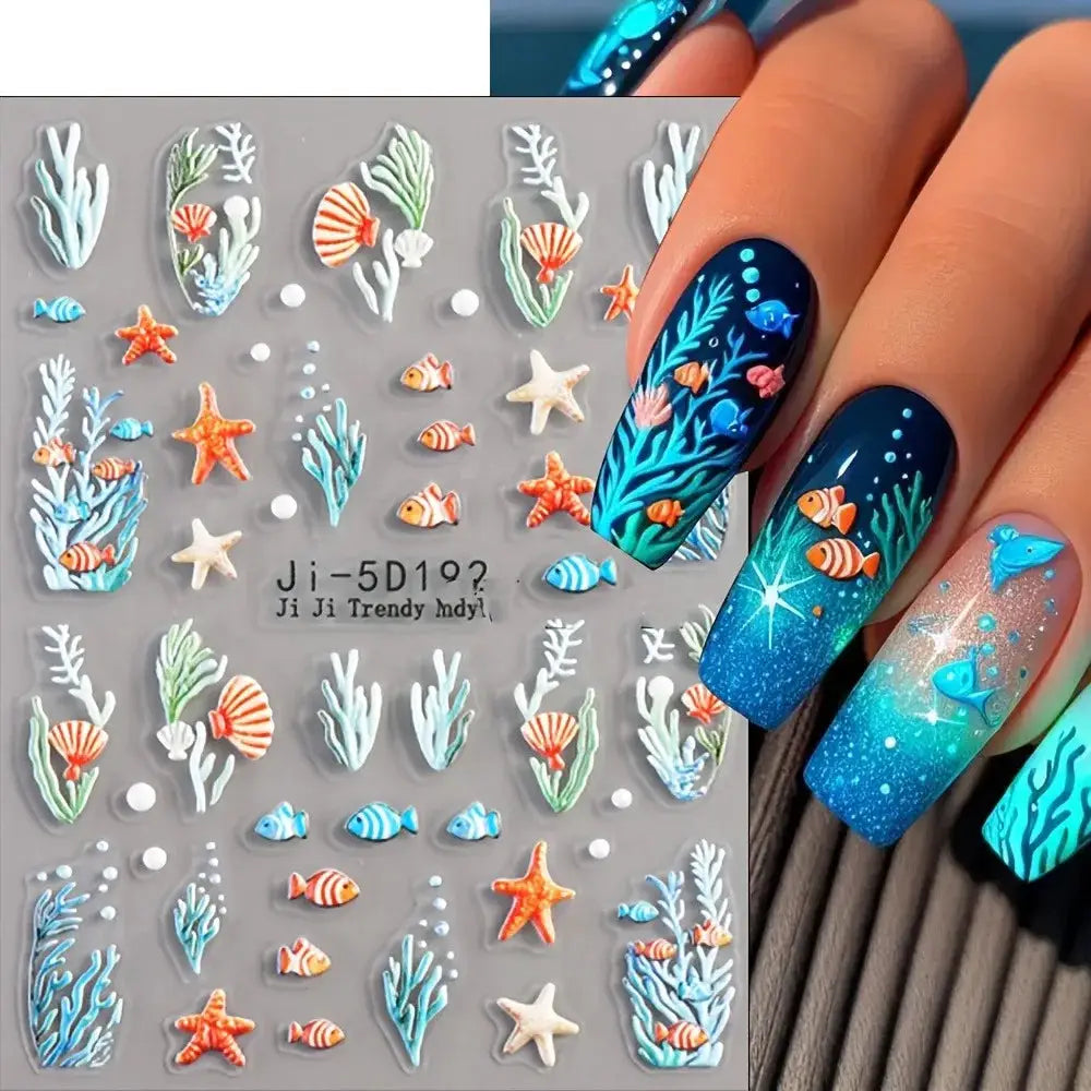 5D Embossed Ocean Nail Stickers Blue Orange Starfish Shell Coral Decals for Summer Beach Vacation Party Music Festival DIY Art from PriceLows™