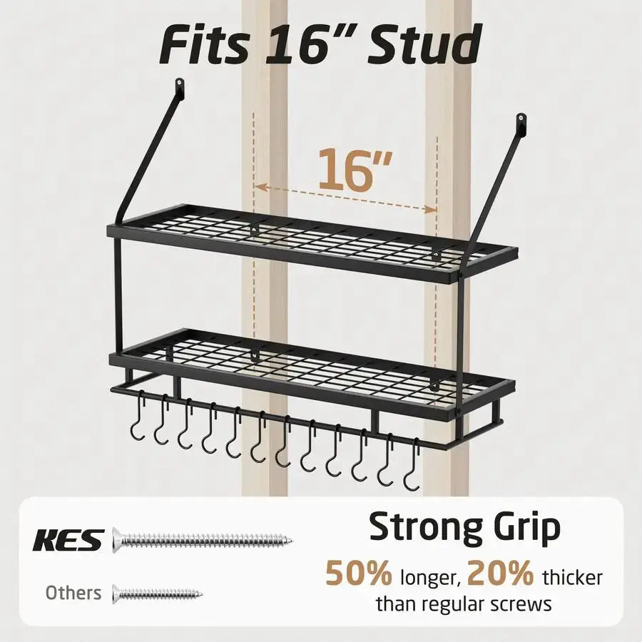 30Inch Kitchen Pot Rack Mounted Hanging Rack for Kitchen Storage and Organization Matte Black 2Tier Wall Shelf with Guard Rail f from PriceLows™