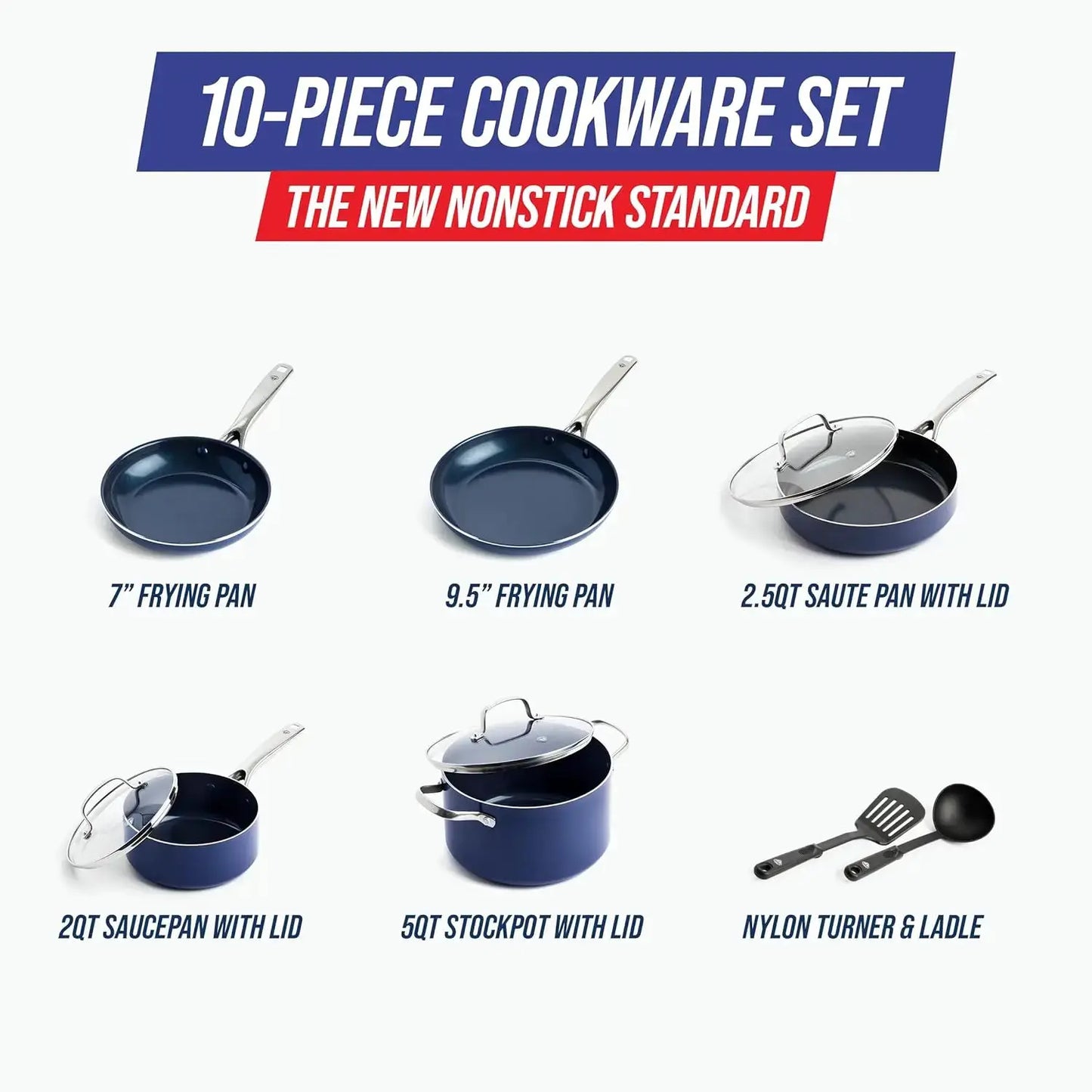 10 Piece Nonstick Cookware Set, Diamond Ceramic Pots & Pans, Dishwasher Safe, Oven Safe to 600F, Blue from PriceLows™