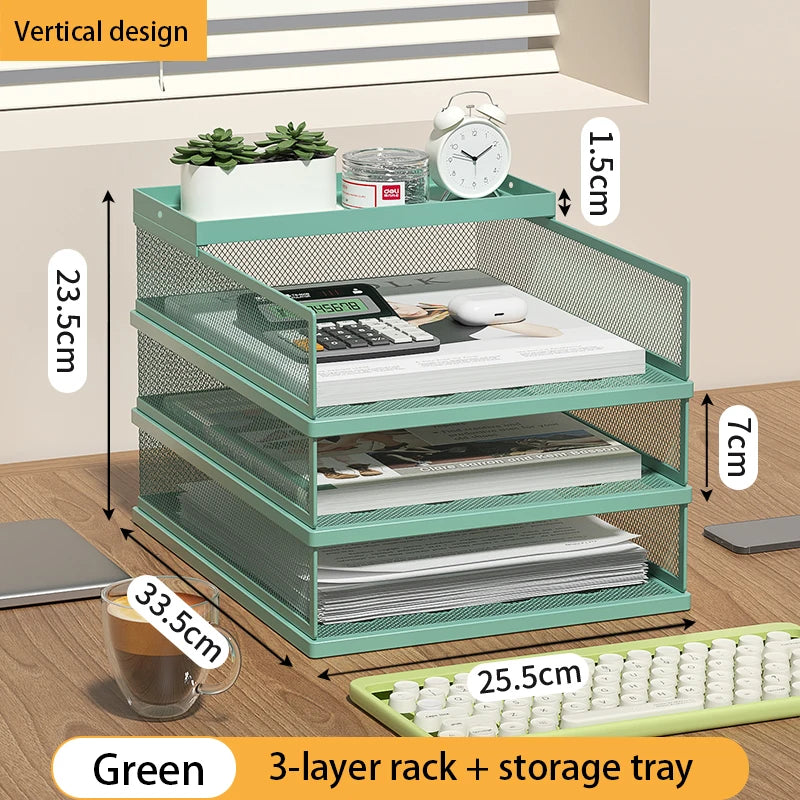 Stackable Letter Tray | 4-Tier | Green Metal | Pen Holder Included