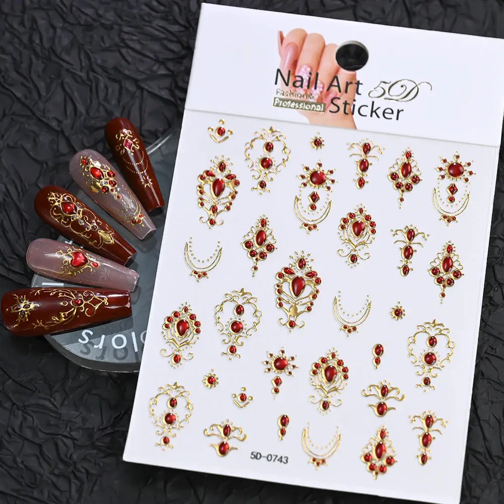 5D Embossed Emerald Gemstones Nail Art Stickers Luxury Golden Frame Baroque Flower Nail Decals Green Rhinestones Nail Supplies from PriceLows™