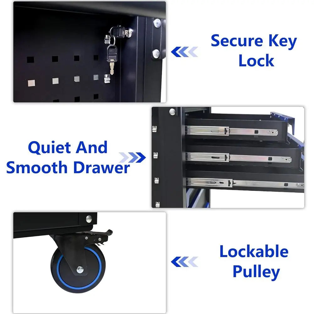 Heavy-Duty Mobile Metal Tool Chest with Locking Wheels, Stainless Steel Worktop, Garage Storage Cabinet (Black-Blue, 7-Drawers, from PriceLows™