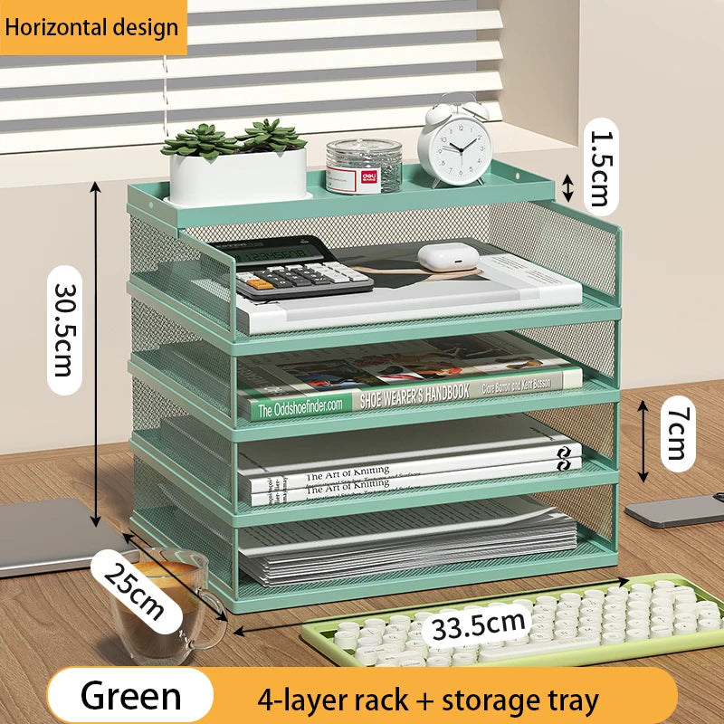 Stackable Letter Tray | 4-Tier | Green Metal | Pen Holder Included