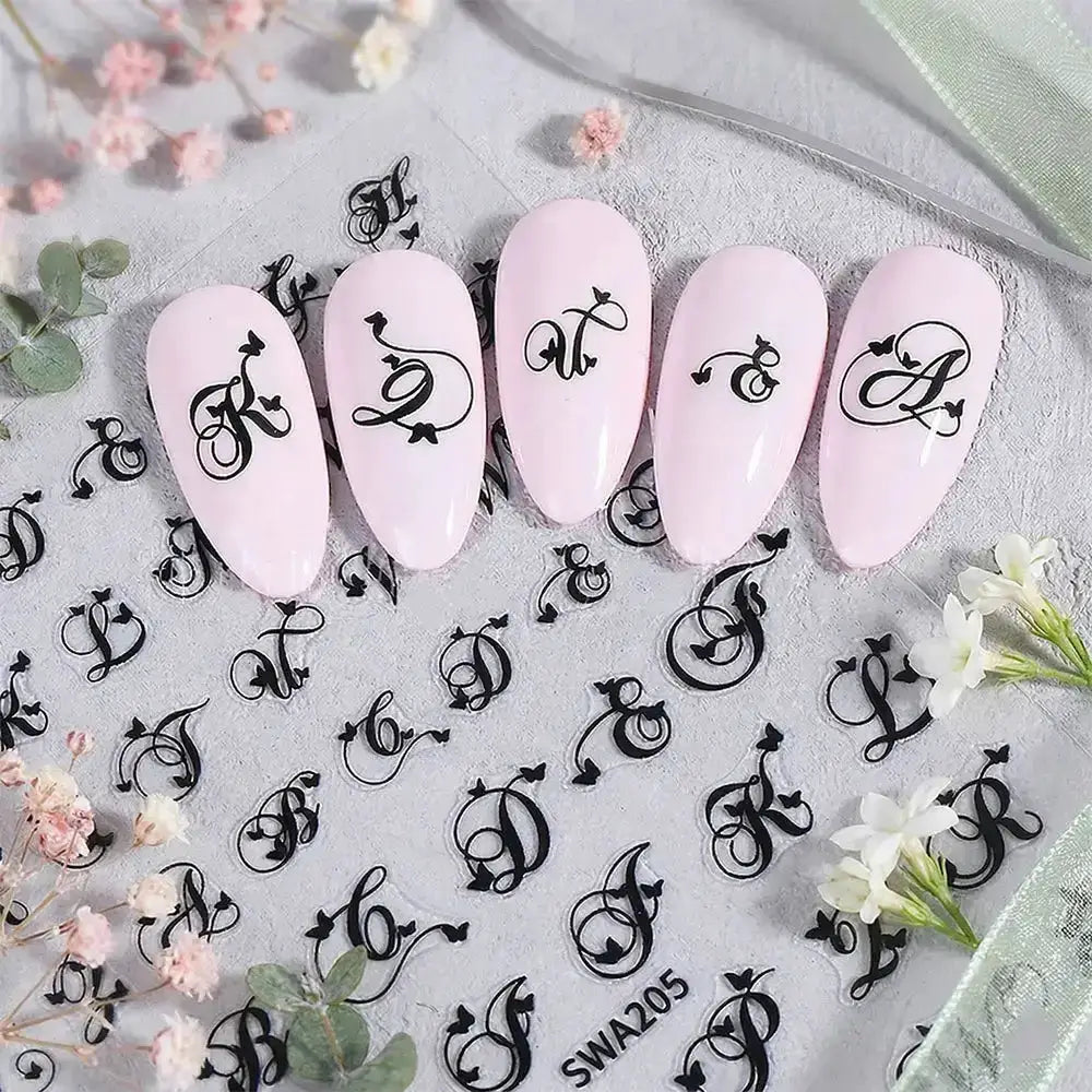 2Pcs Black White English Letter Alphabet 3D Nail Art Stickers Nail Decals with Love Heart Simple Style DIY Manicure Decorations from PriceLows™
