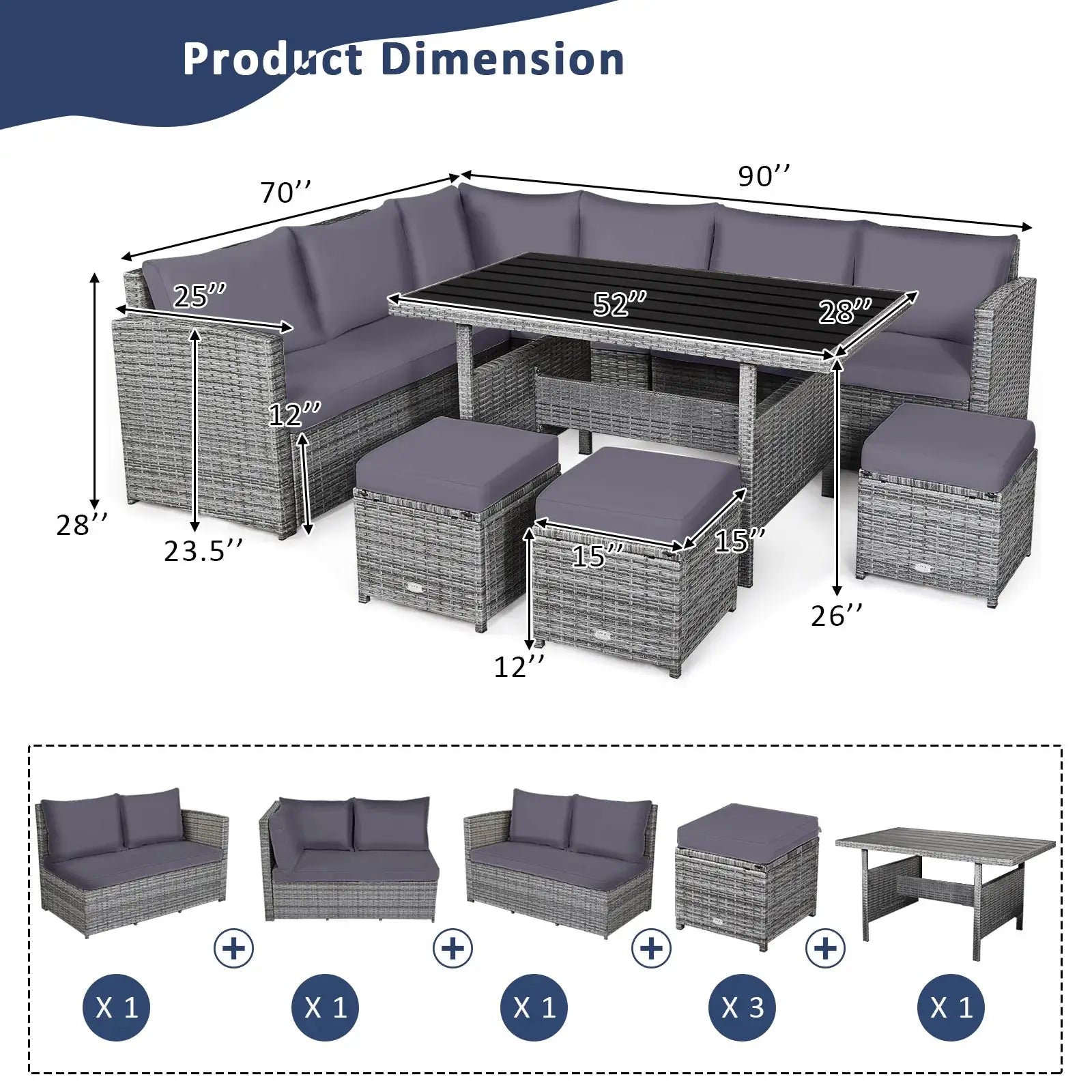 7 PCS Patio Rattan Dining Set Sectional Sofa Couch Ottoman Garden Grey from PriceLows™