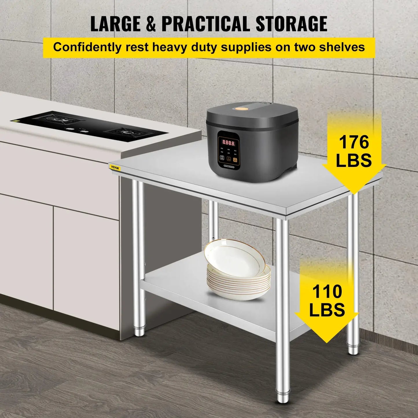 SucceBuy Kitchen Work Bench Commercial Catering Table Worktable with Undershelf Stainless Steel 330LBS 286LBS Restaurant Garage from PriceLows™