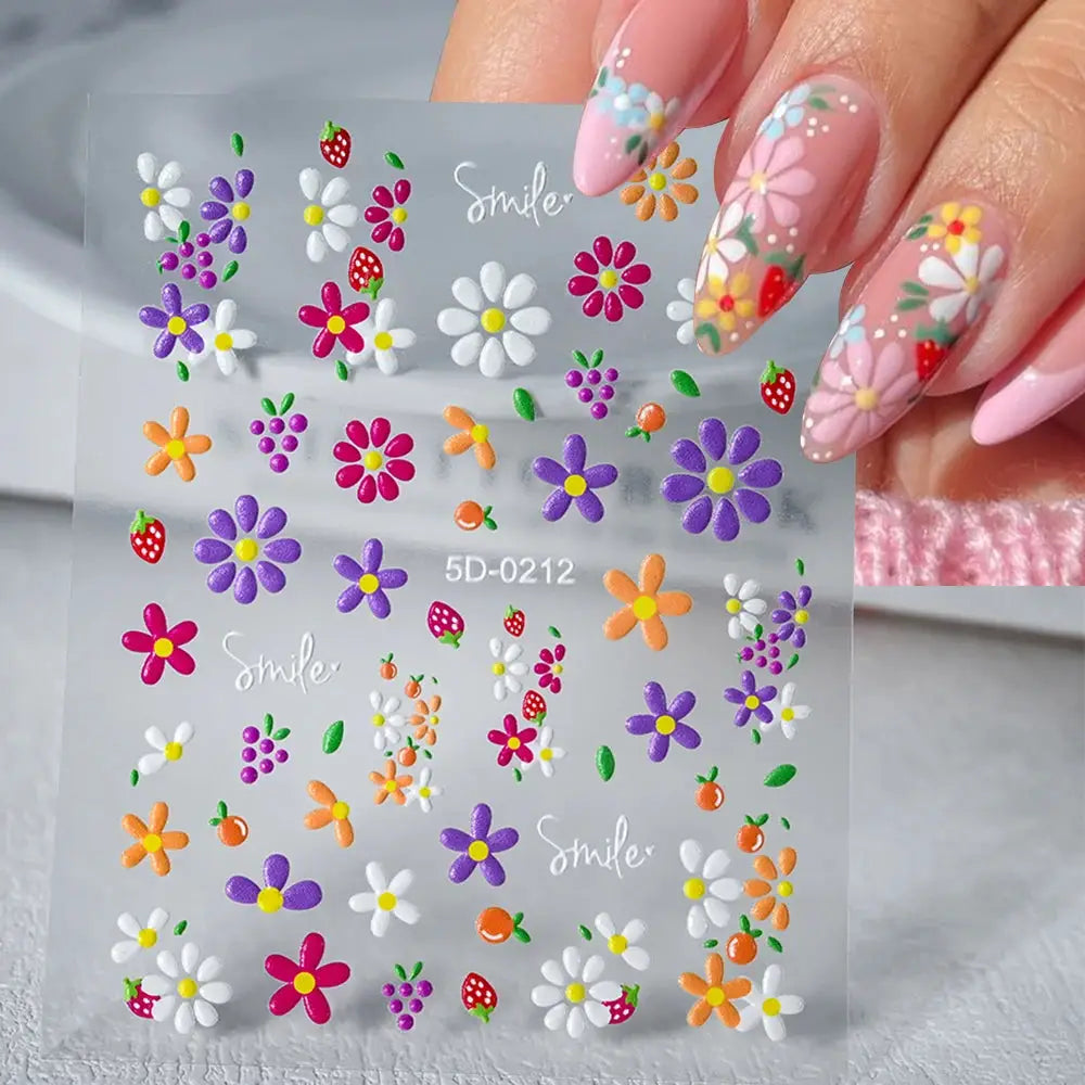 5D Pink Blue Floral Nail Art Stickers Petals Leaf Plant Embossed Nail Decals Spring Summer Flower Design for DIY Nail Supplies from PriceLows™