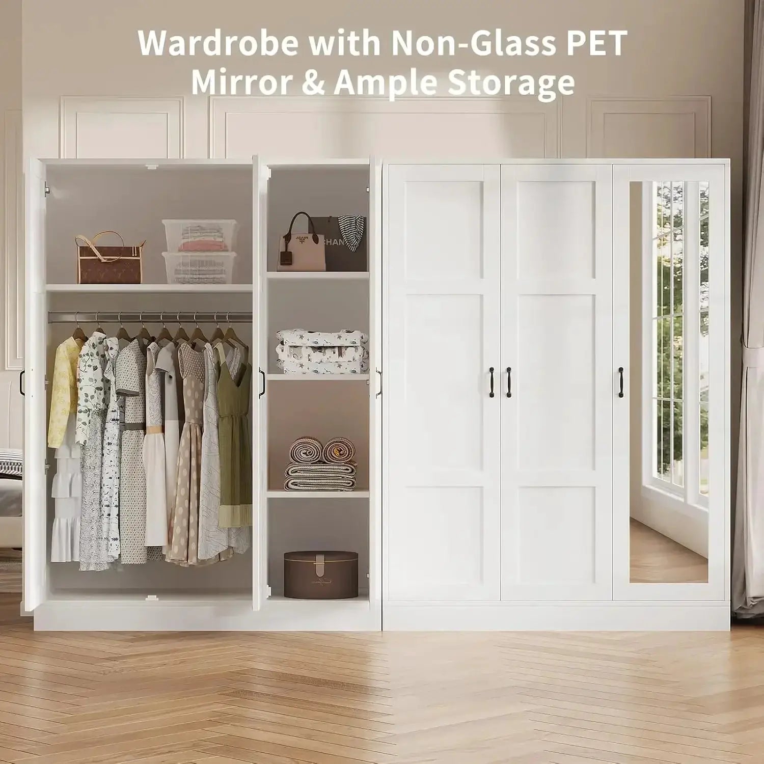 3-Door Armoire with Full-Length Mirror, Adjustable Shelves & Hanging Rod, Freestanding Storage Cabinet for Bedroom, White from PriceLows™