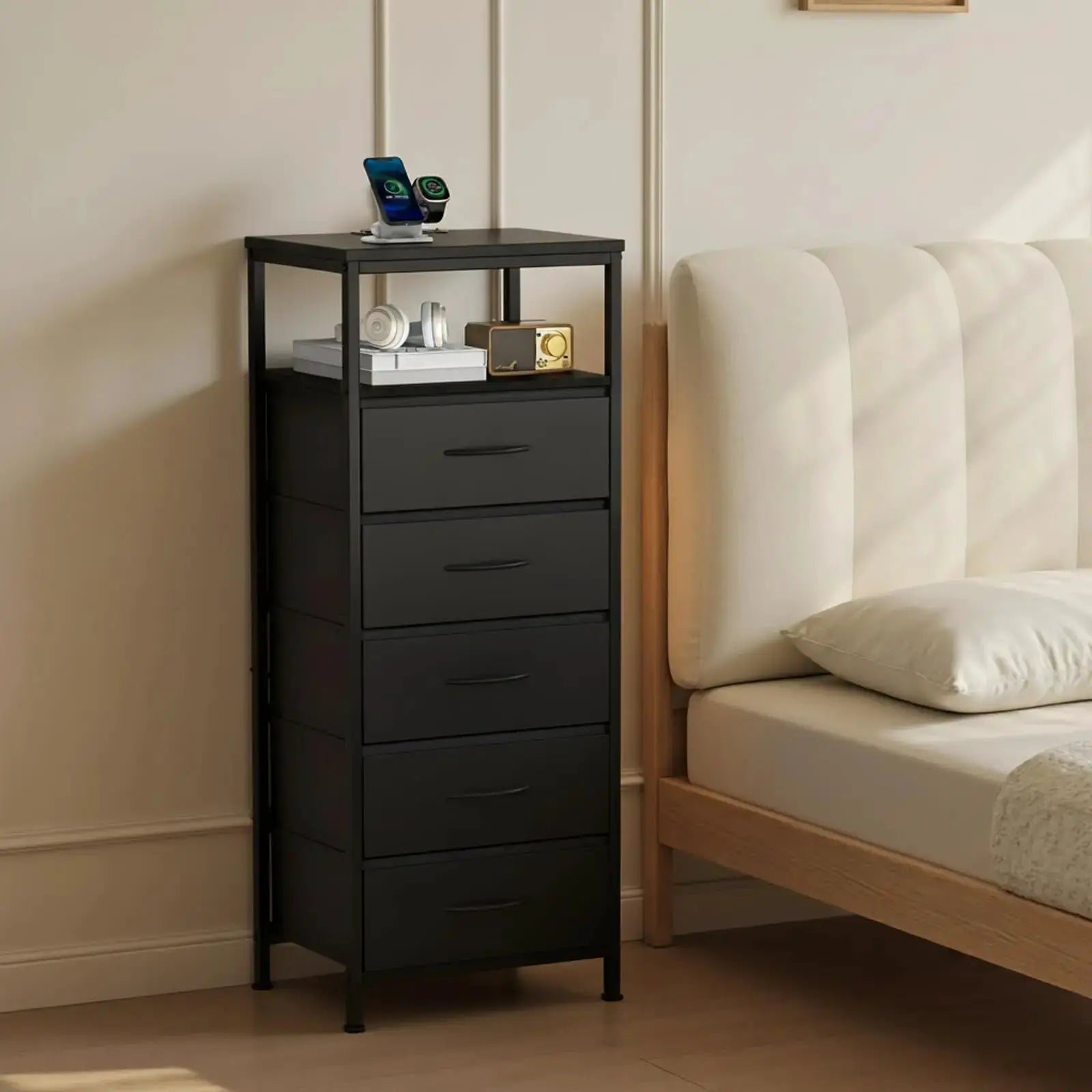 JHK 5 Fabric Drawers Dresser For Bedroom Nightstand with Charging Station and Outlets Adjustable Feet and Variable Light Strip from PriceLows™