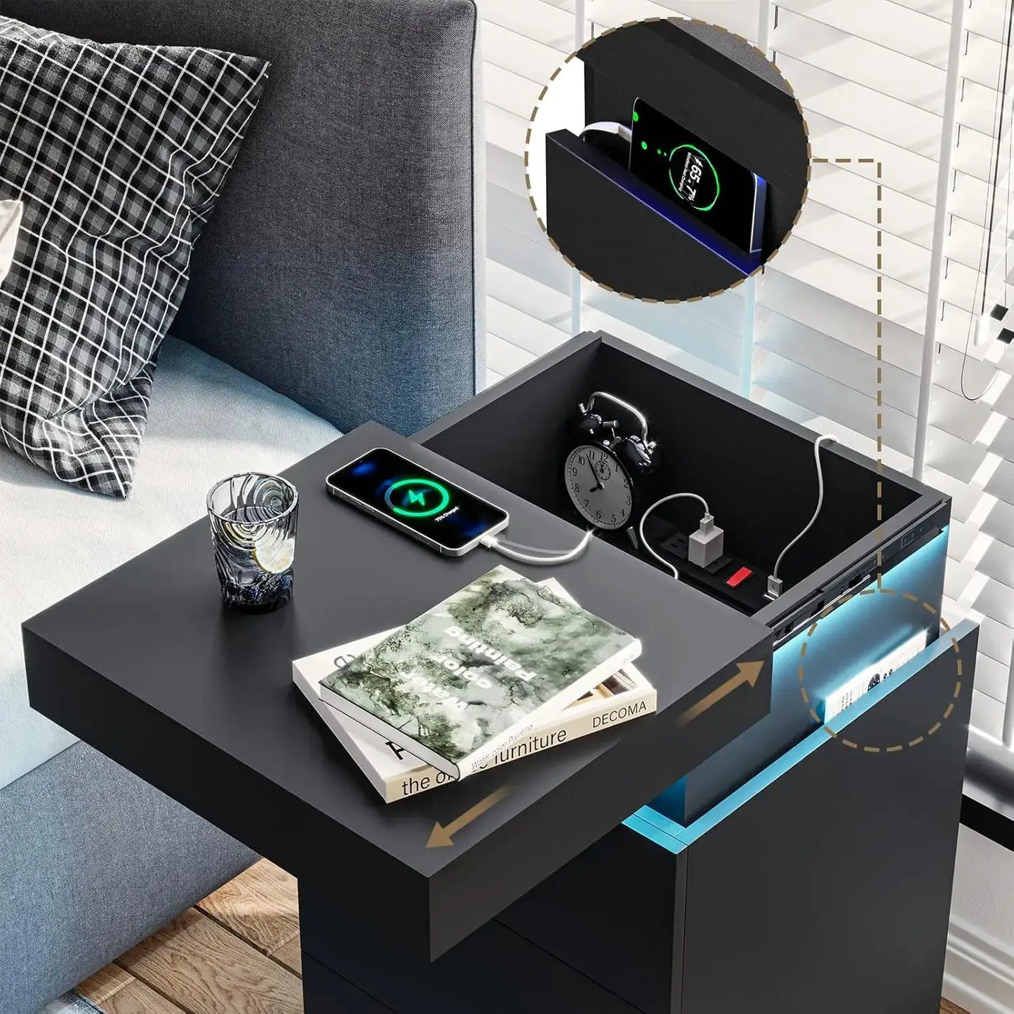 LED Nightstand with Charging Station, Sliding Top Drawer, Modern Bedside Table, Black from PriceLows™