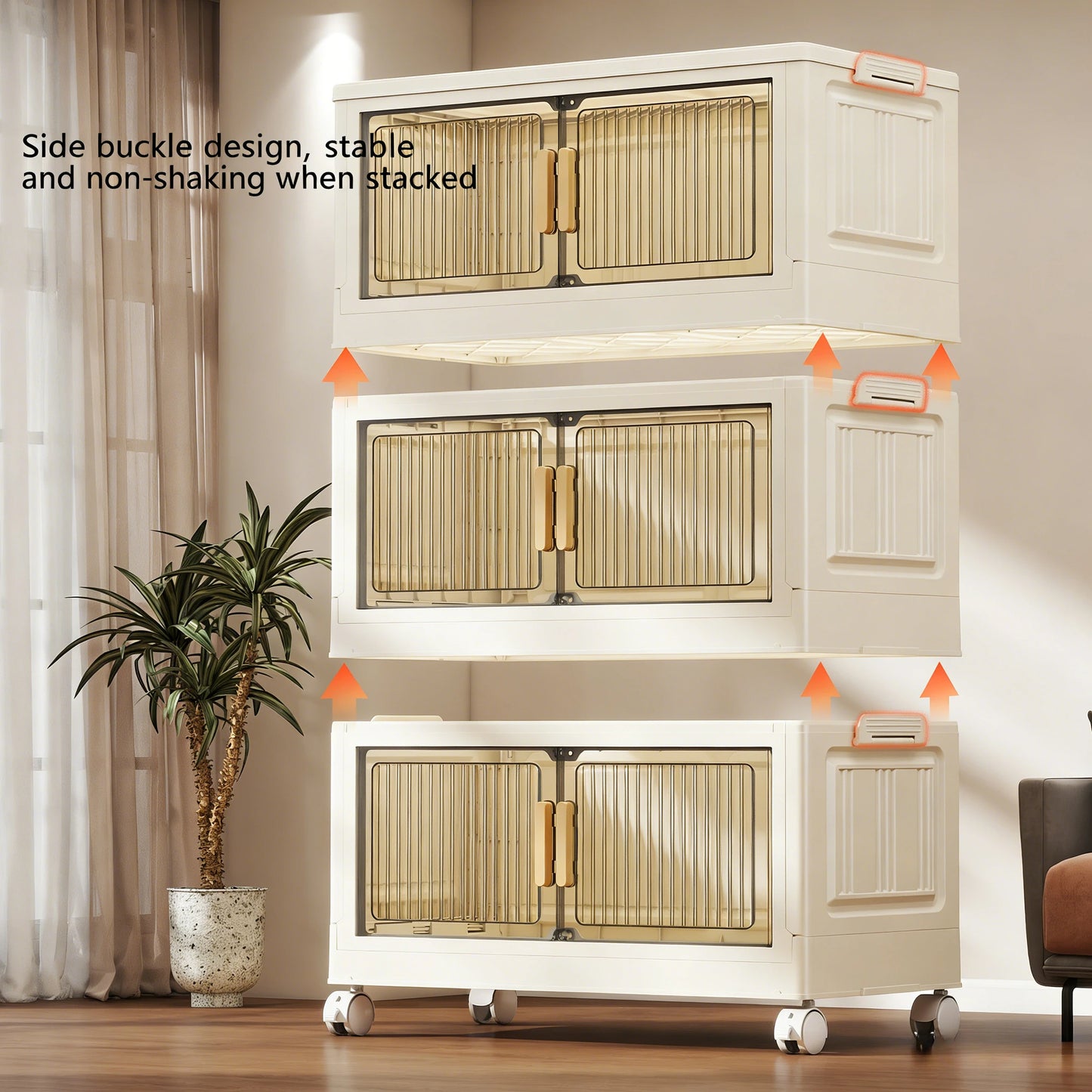 Stackable Plastic Storage Cabinet with Doors & Wheels, Large Capacity Easy-Assemble Durable Closed Bedroom Organizer from PriceLows™