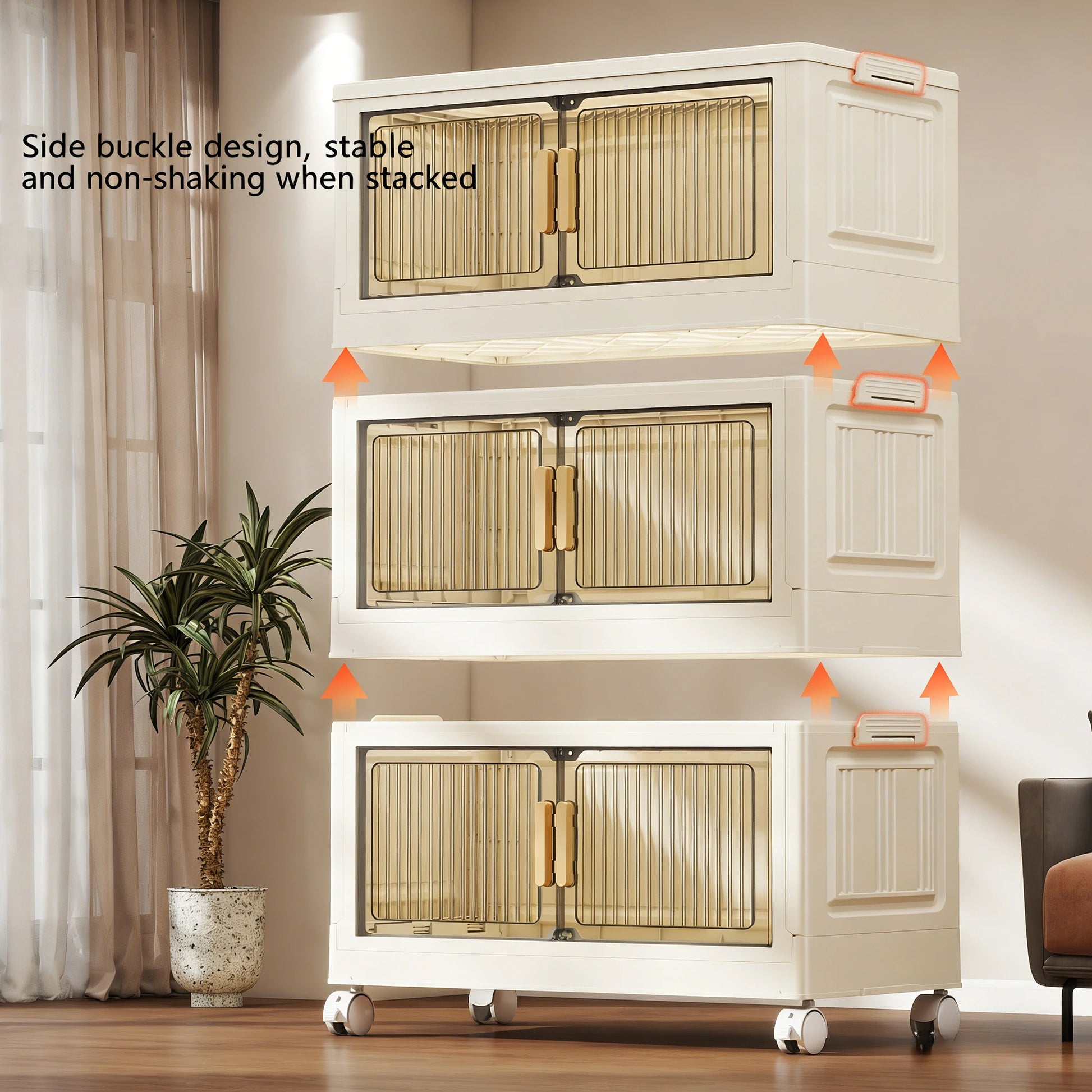 Stackable Plastic Storage Cabinet with Doors & Wheels, Large Capacity Easy-Assemble Durable Closed Bedroom Organizer from PriceLows™