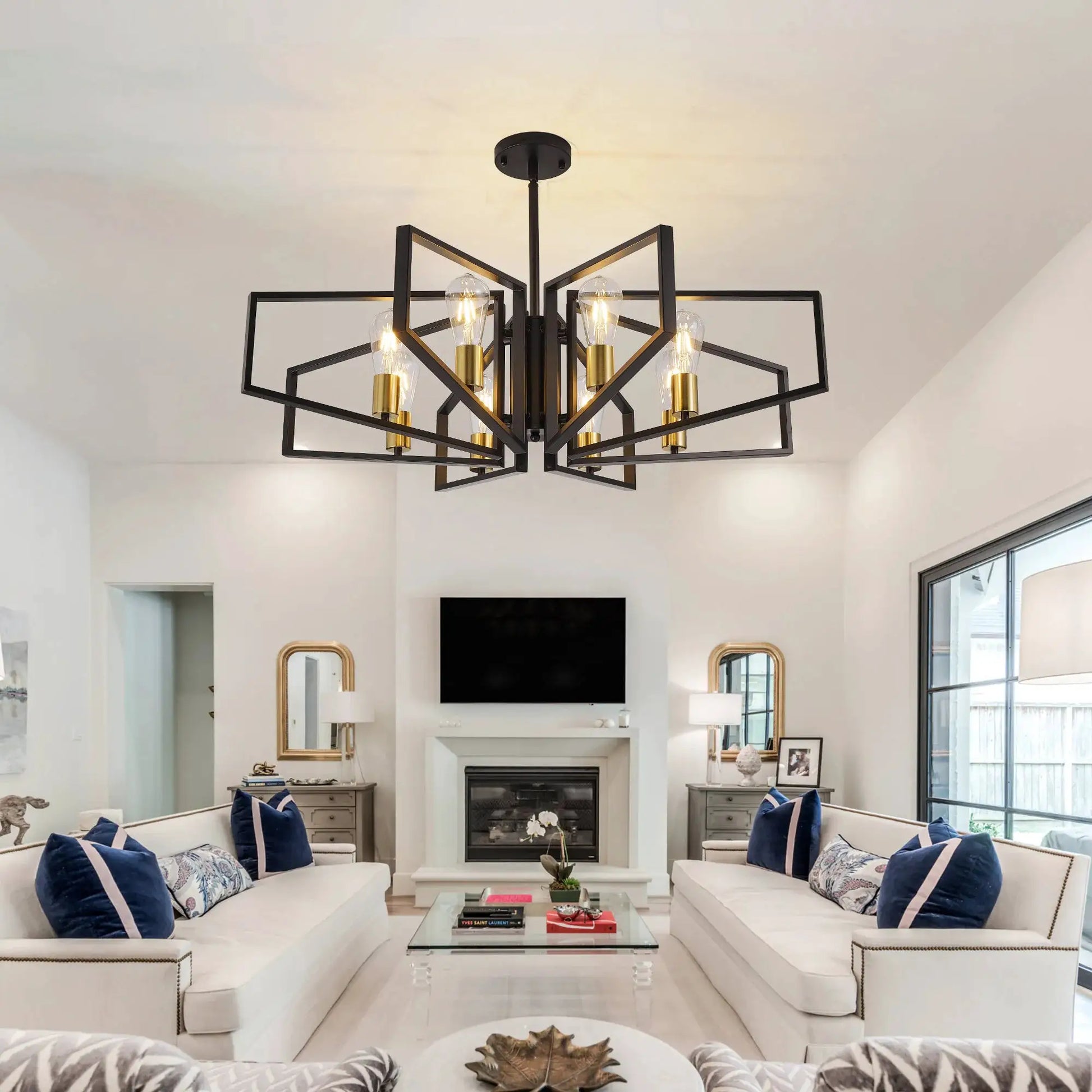 Modern 8-Light Geometric Chandelier Adjustable Height Metal Pendant Light with Black Frame & Golden Accents Ceiling Light Decor from PriceLows™