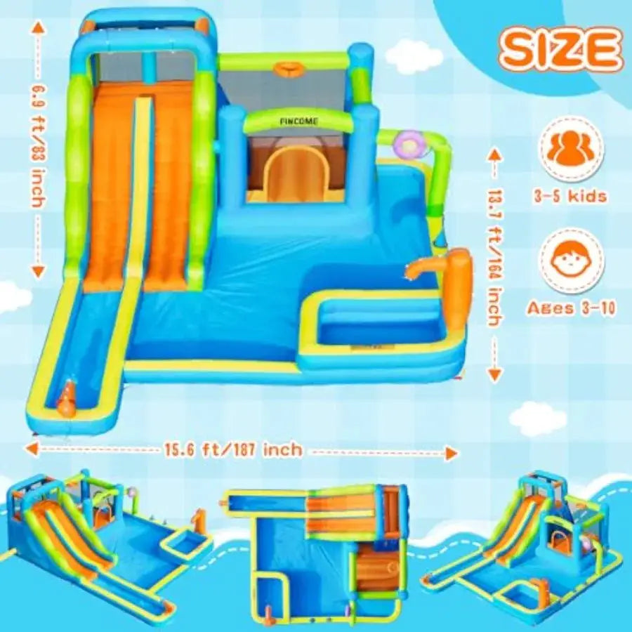 Large Inflatable Water Bouncy Castle with Double Slide for 3-10 Blue and Yellow Water Bounce House with Long Slide and Air Blow from PriceLows™