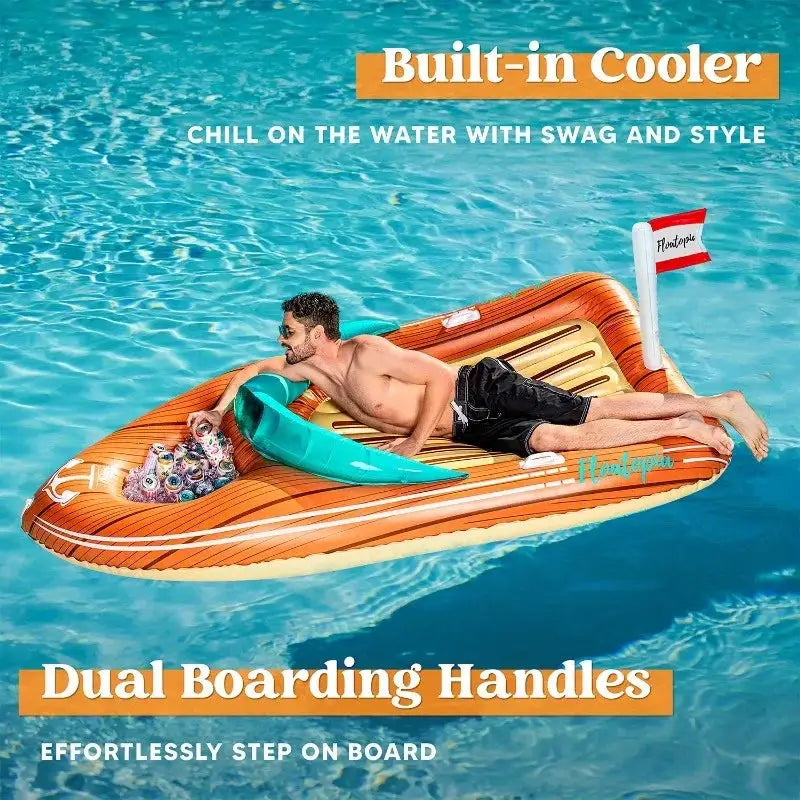 Giant Boat Pool Float | With Cooler | 8 Ft Long | Two Person Capacity