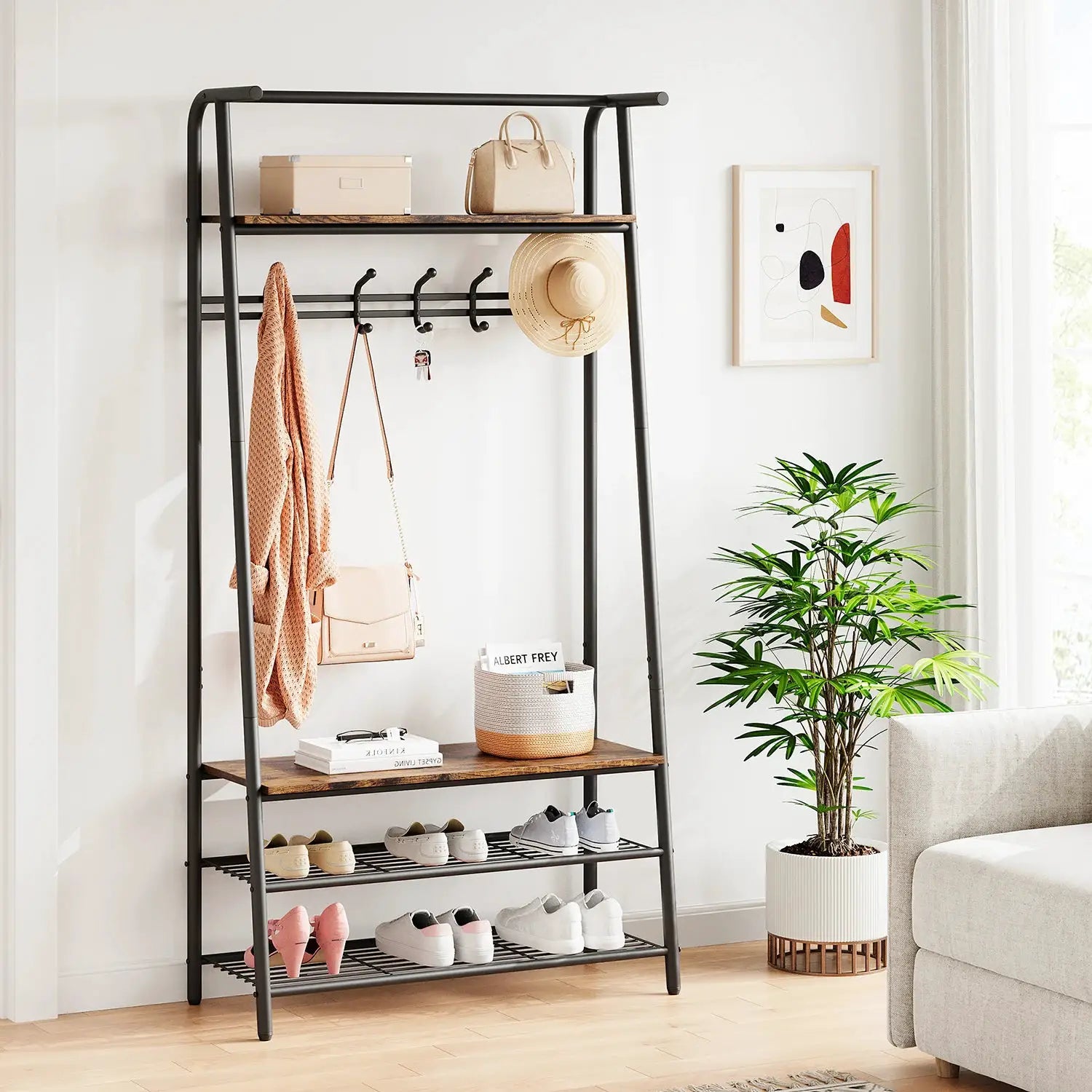 Coat Rack Shoe Bench, 4-in-1 Hall Trees Entryway Bench with Coat Rack and Shoe Rack, Steel Frame Storage Shelf and Hanging Bar from PriceLows™