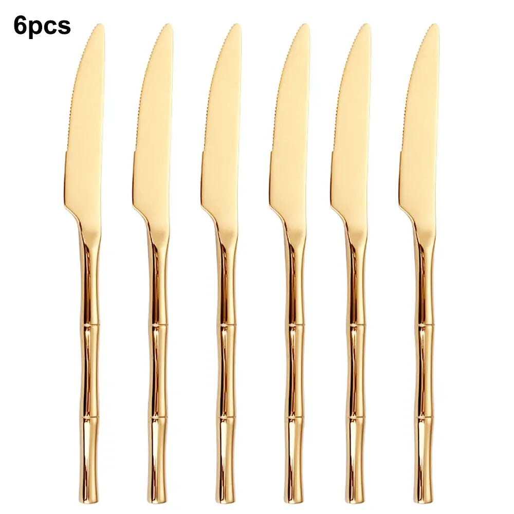 6/24/30Pcs Stainless Steel 304 Tableware Gold Cutlery Set Western Bamboo Shaped Handle Knife Fork Spoon Mirror Dinner Set from PriceLows™