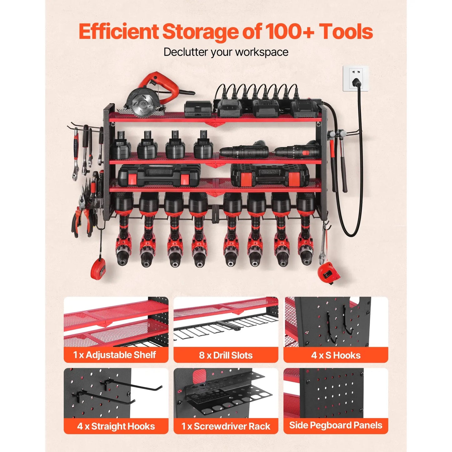SucceBuy 4 Tire Power Tool Organizer Tools Holder with Charging Station & Side Pegboard Drill Storage Rack for Garage Workbench from PriceLows™