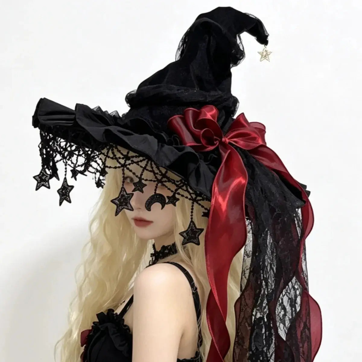 Witch Hat | Lace Trim | Velvet Material | Moon Pendant